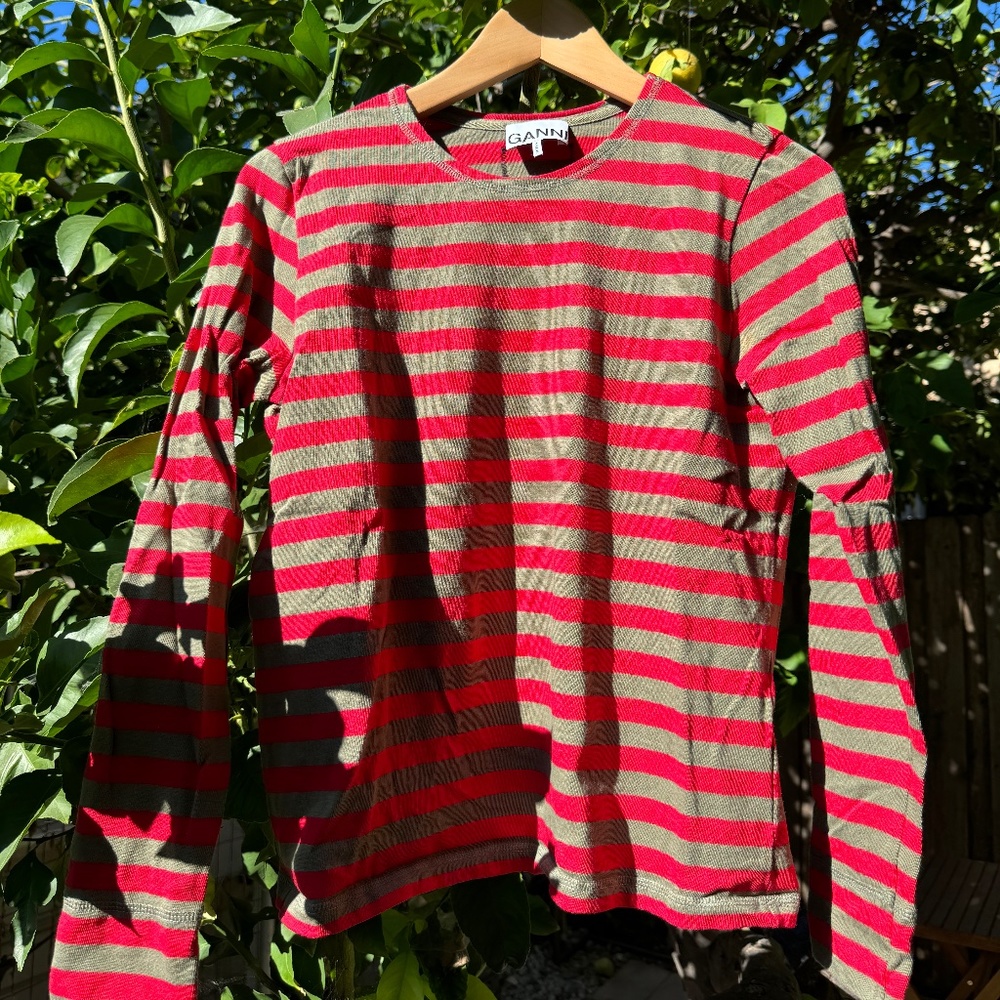 Ganni Stripe Long Sleeve Tee - Medium (Red/Olive)